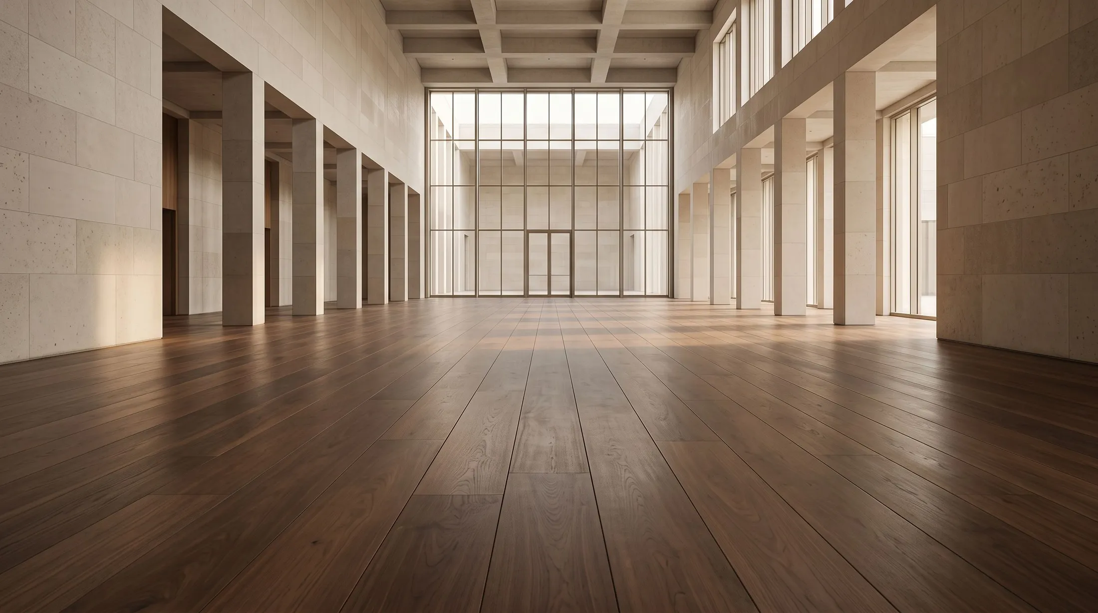 A dignified government lobby in large-format wood plank flooring