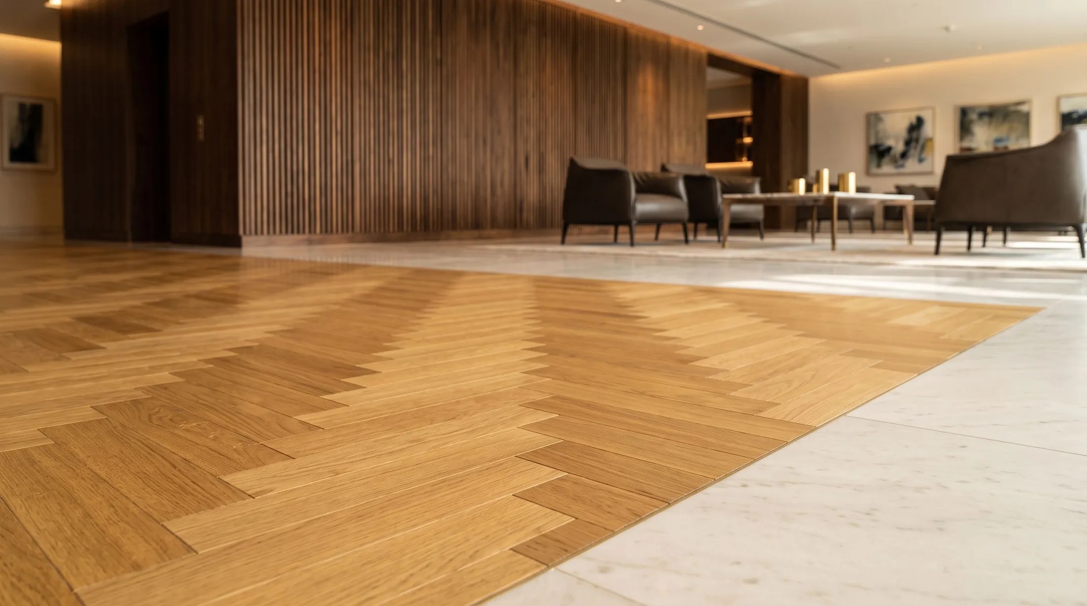 Golden herringbone oak meeting a marble threshold in a five-star hotel lobby