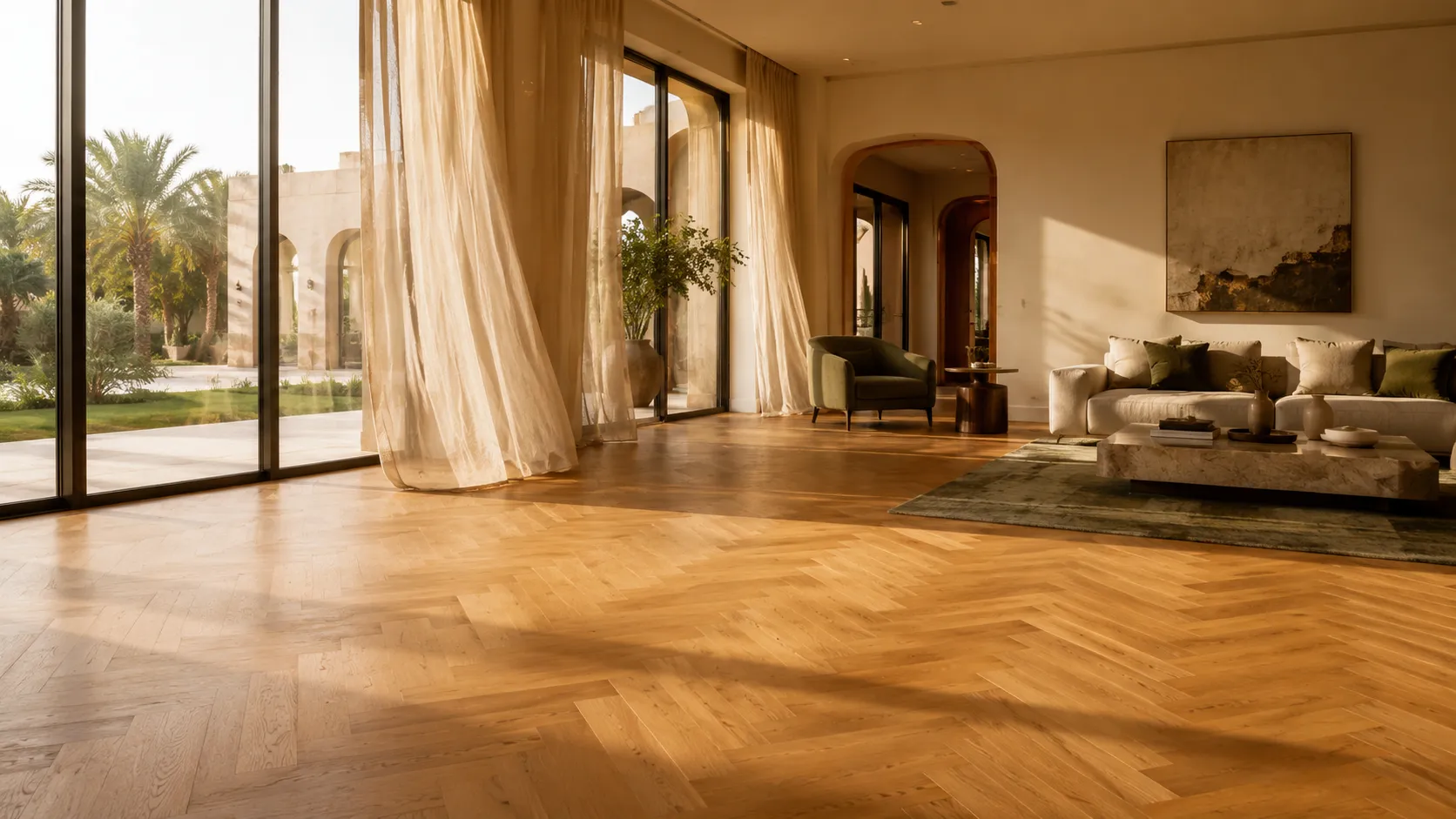 Golden-hour living room floored in herringbone oak, Jeddah