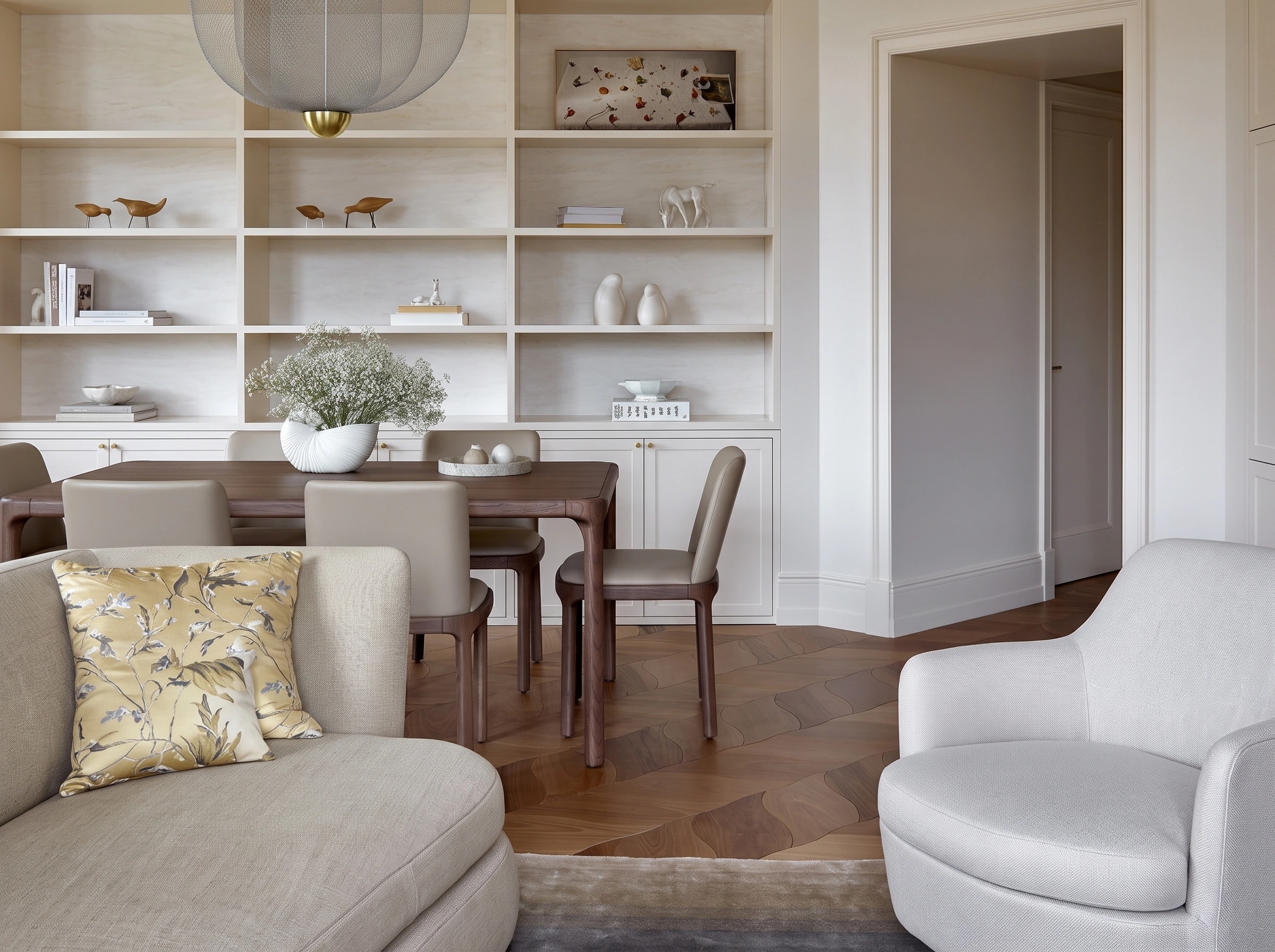 Foglie d'Oro chevron parquet in a bright cream living-dining room