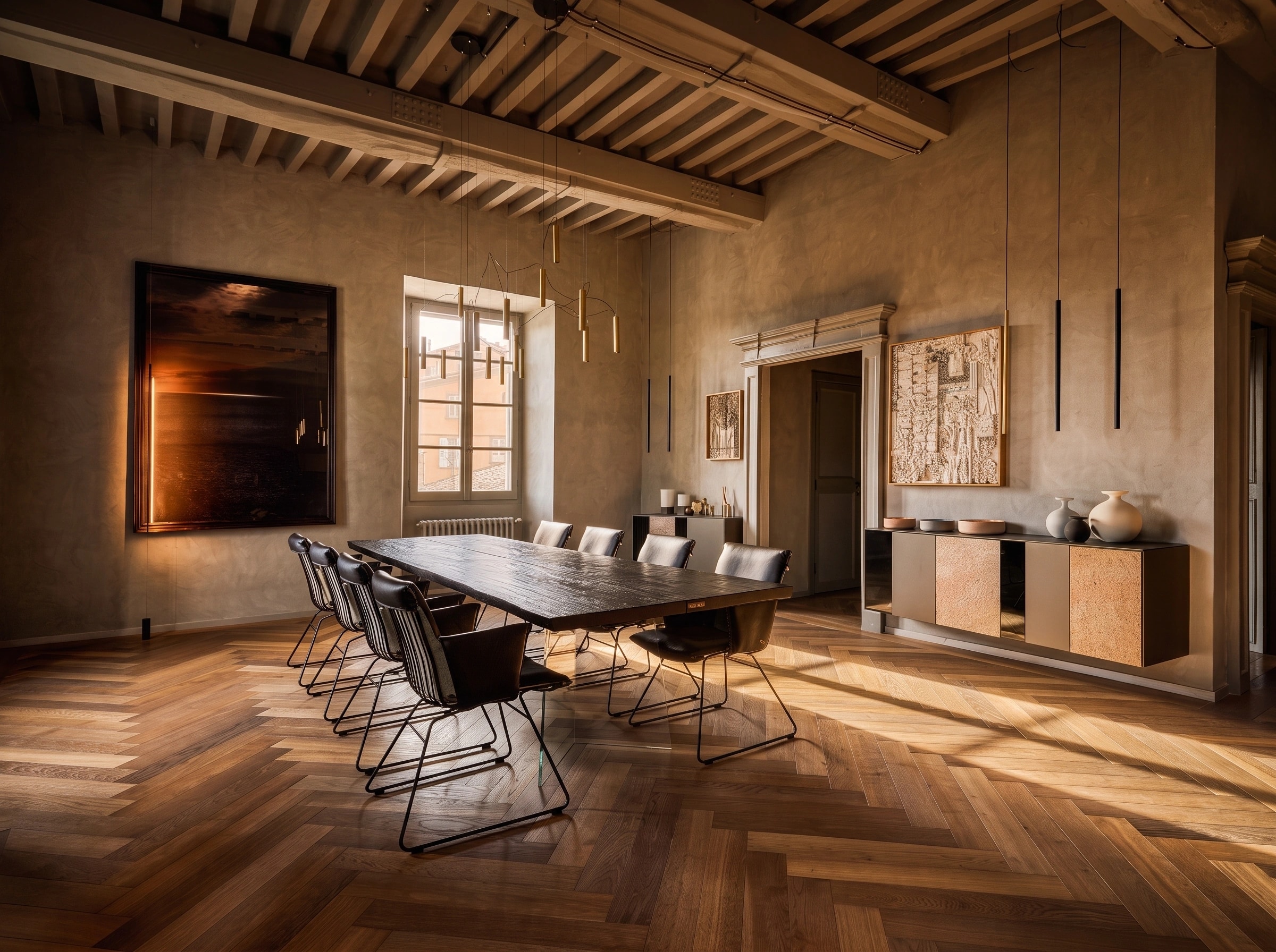 Foglie d'Oro herringbone parquet in an Italian palazzo dining room