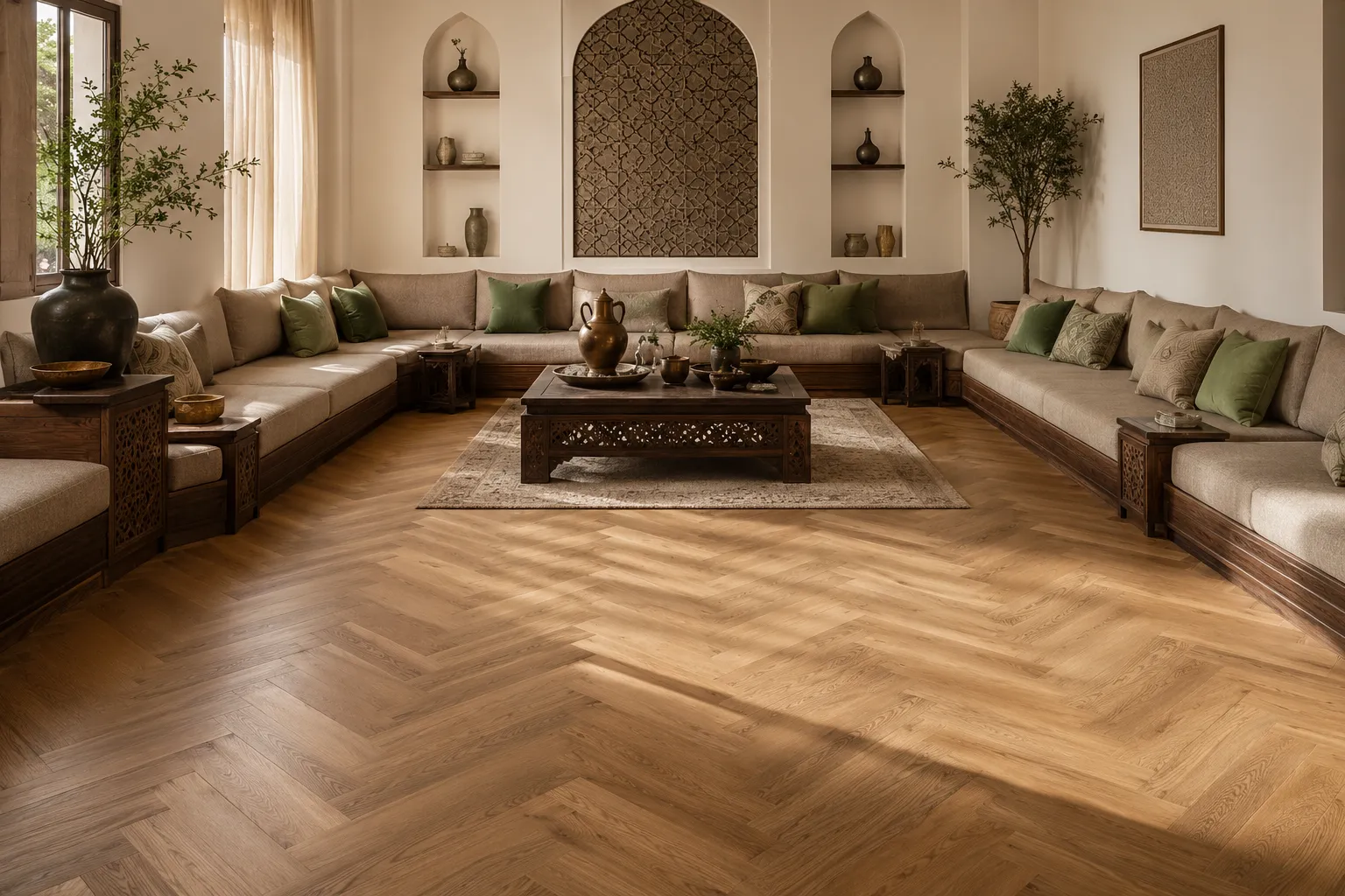 A residential majlis in warm herringbone oak