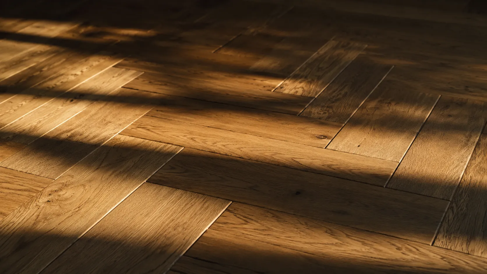 Shafts of daylight raking across herringbone oak