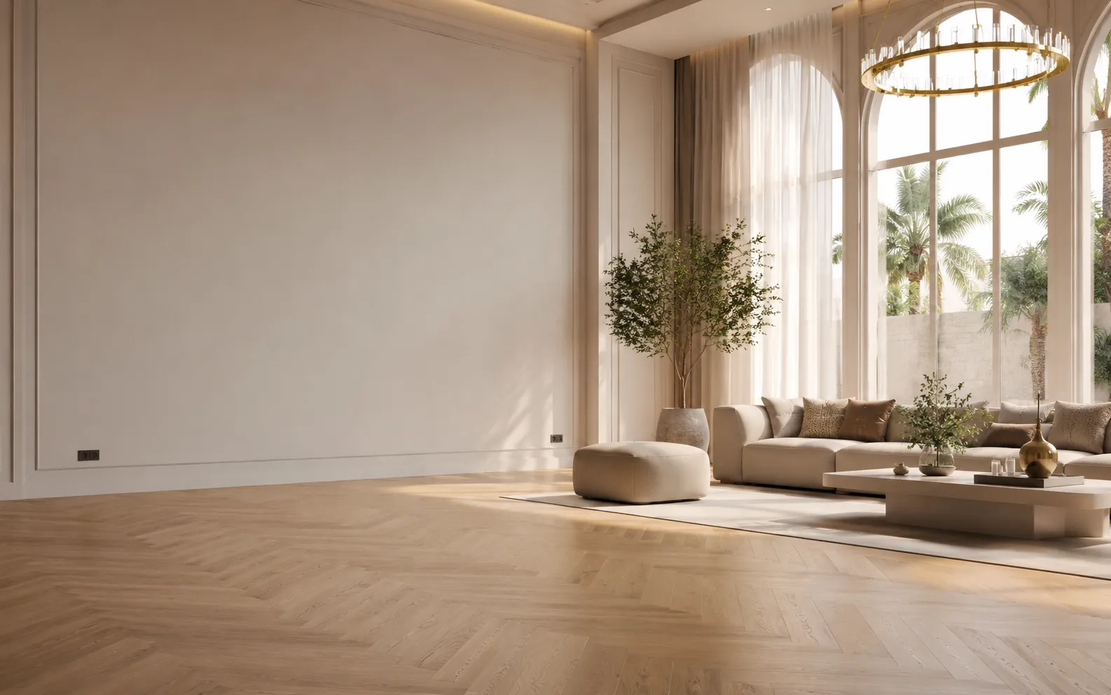 A light-filled majlis in golden herringbone oak