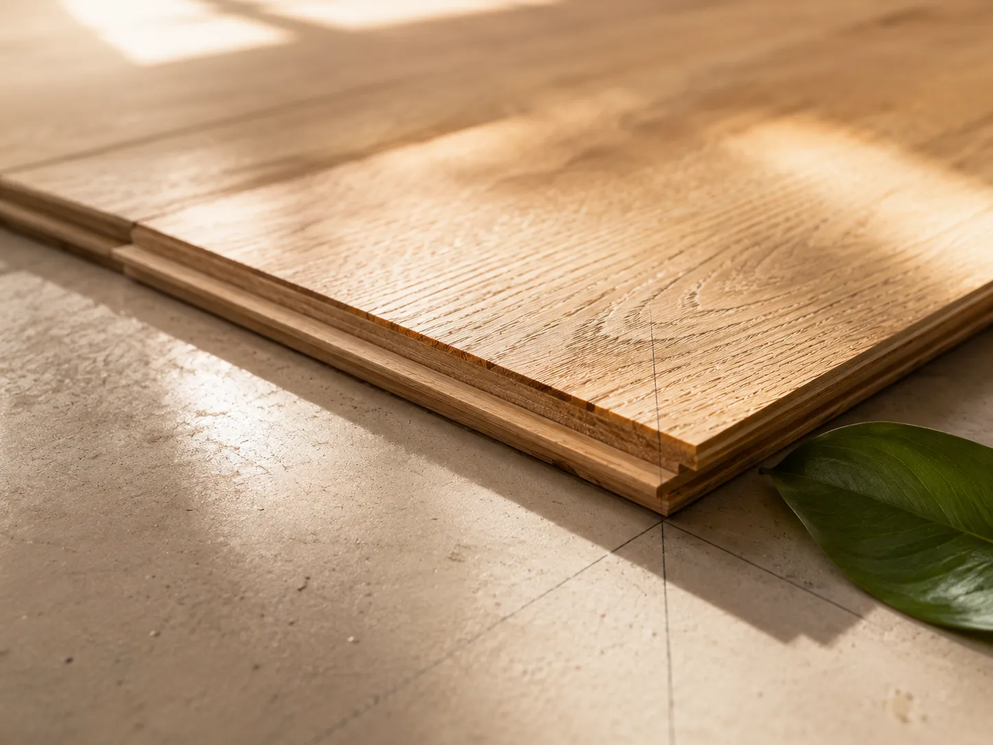 A certified engineered-oak plank set out in warm window light