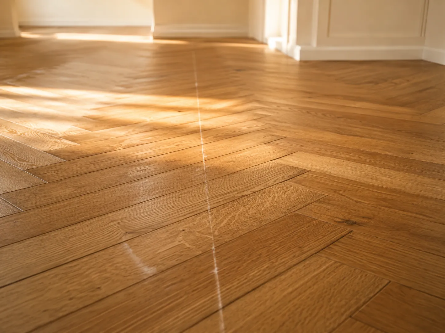 Warm engineered oak parquet laid in a fine herringbone