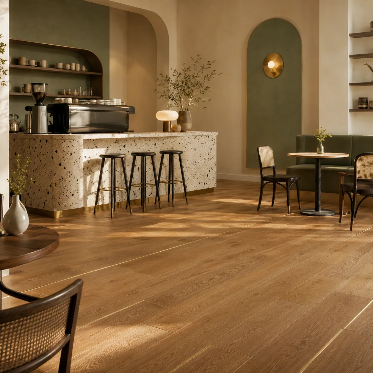Engineered oak flooring in a refined commercial interior