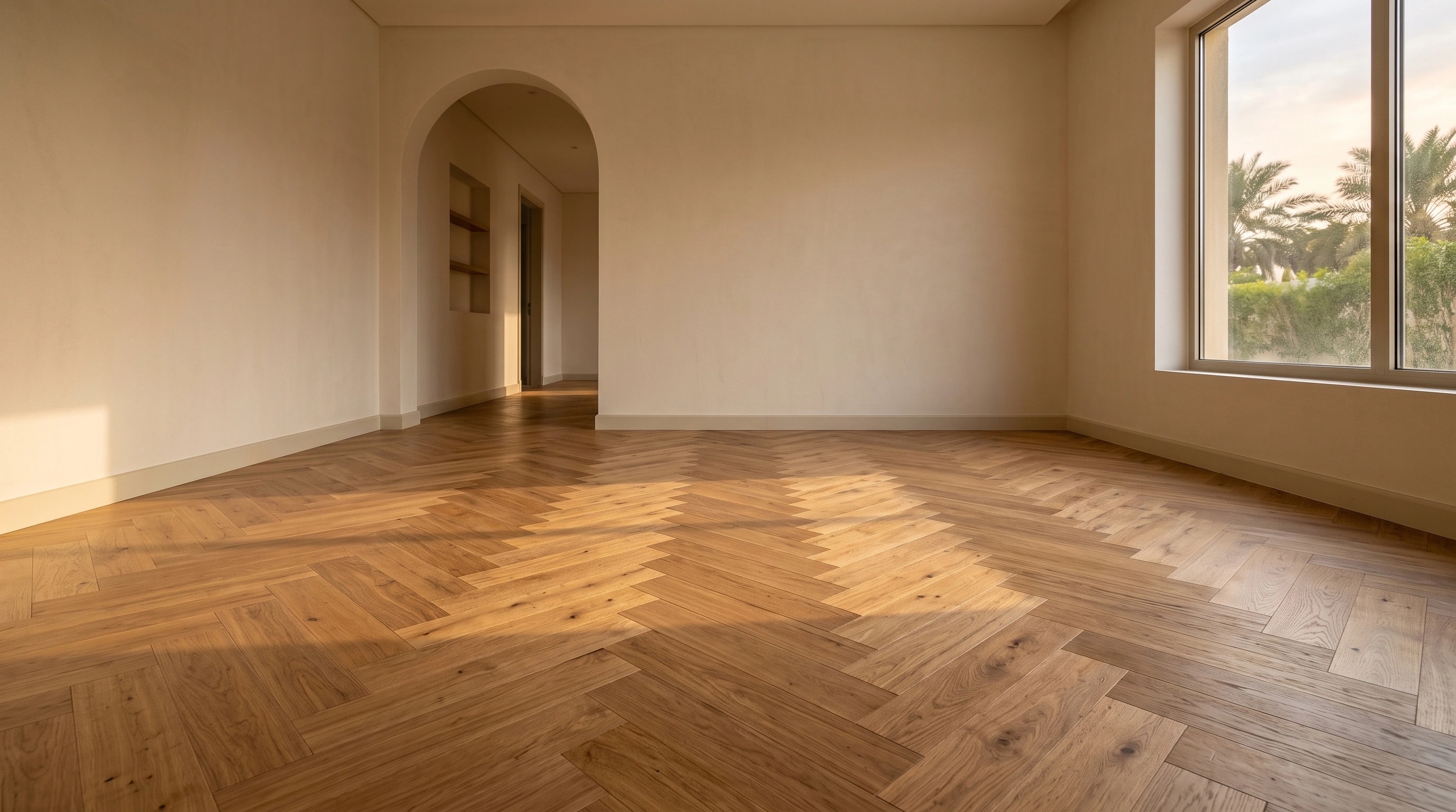 Warm engineered oak running through a villa reception in a residential compound
