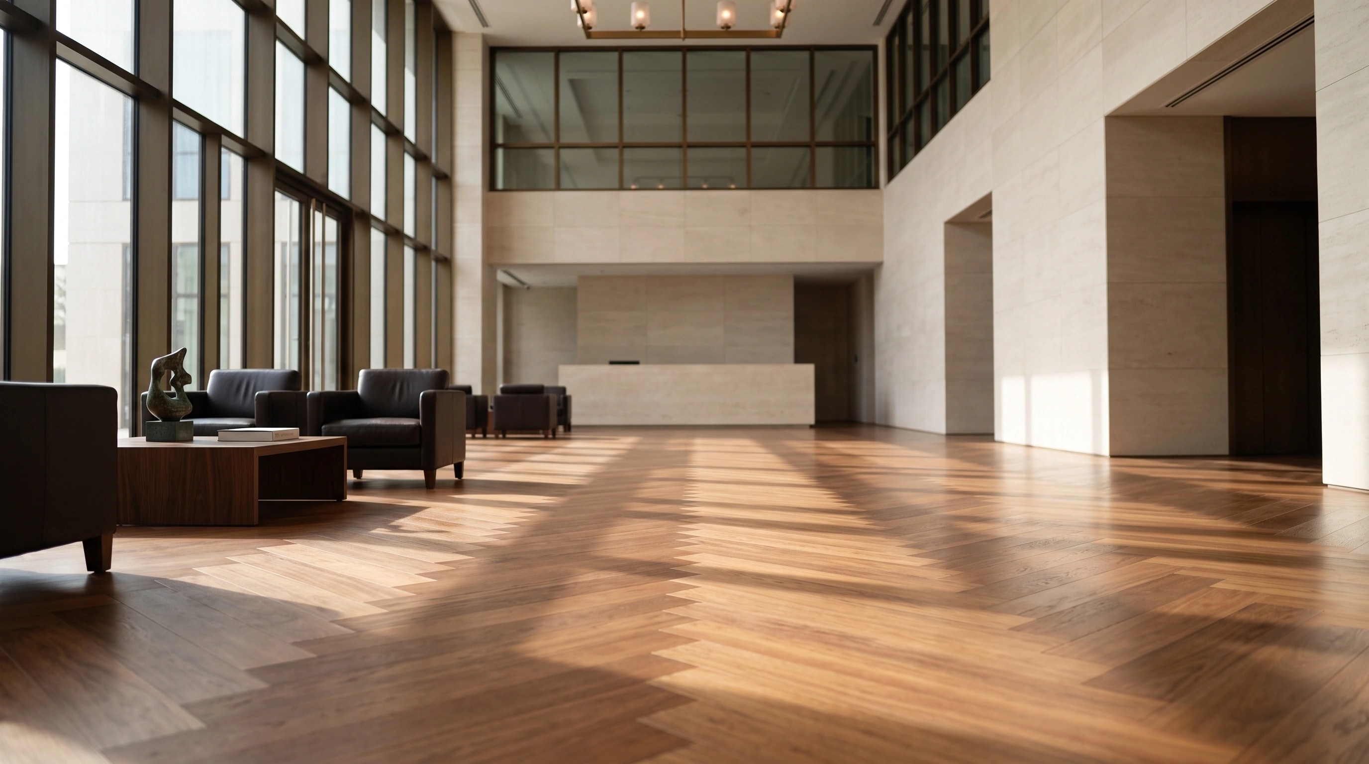 Herringbone oak through a corporate reception lobby