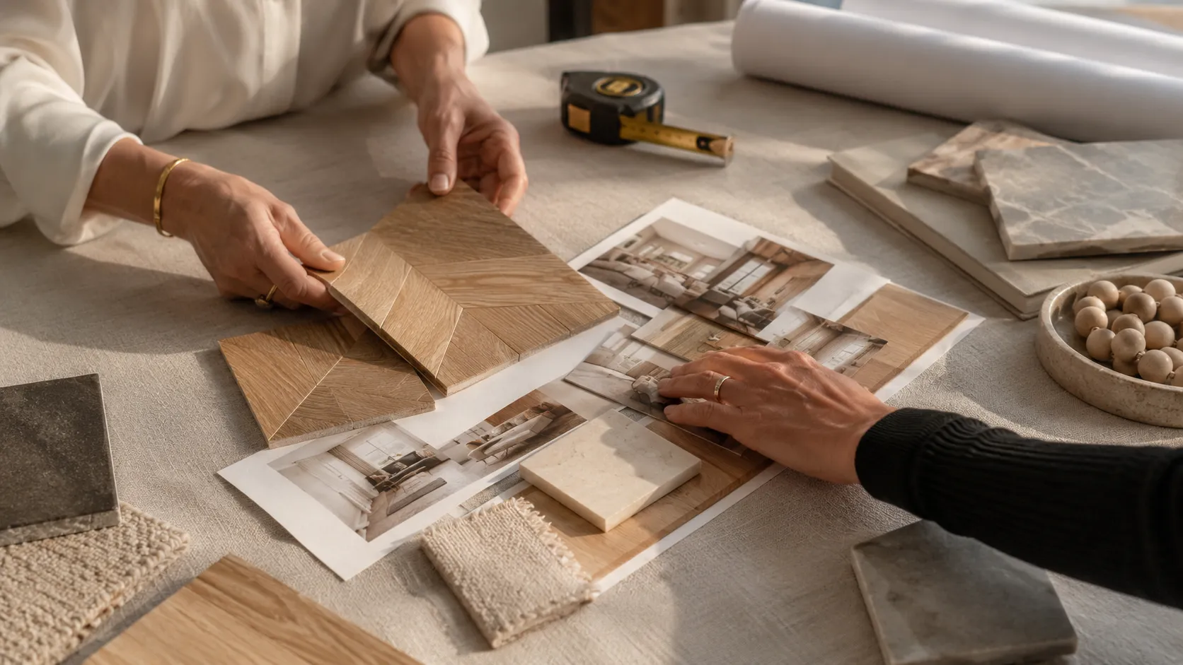 An Elite designer and client reviewing oak samples and a mood board