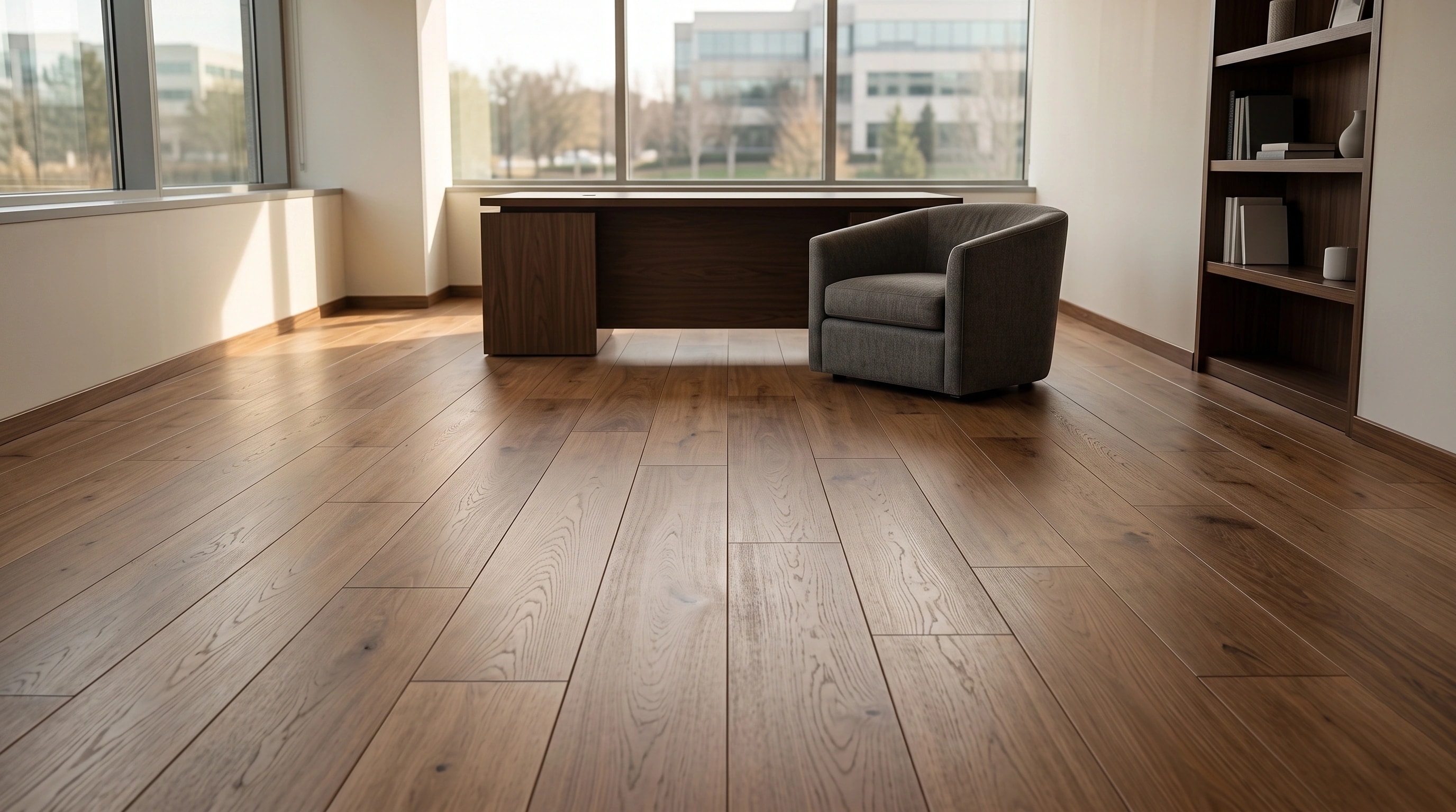Warm engineered oak in an executive office suite