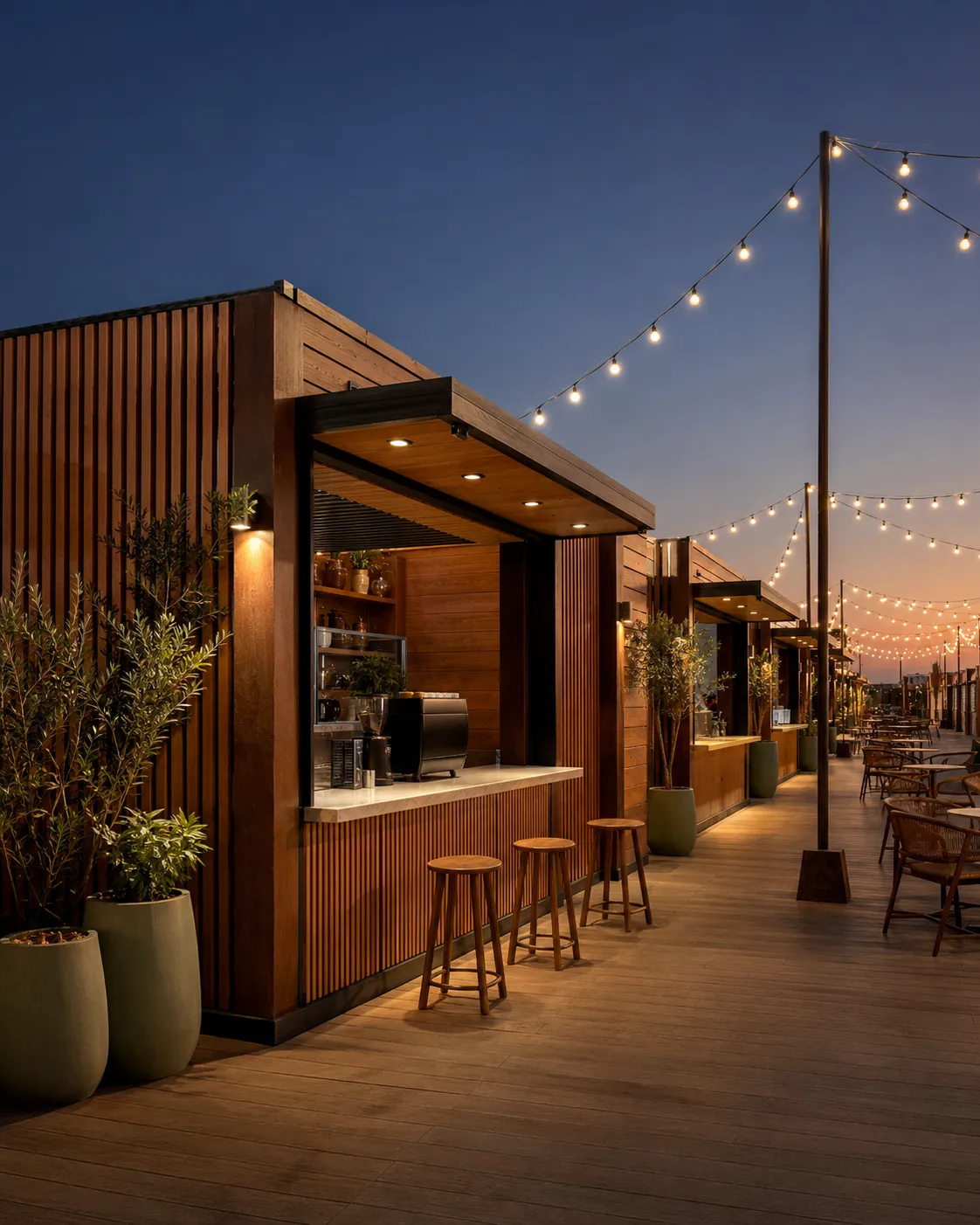 Durable wood-look flooring in a busy food court