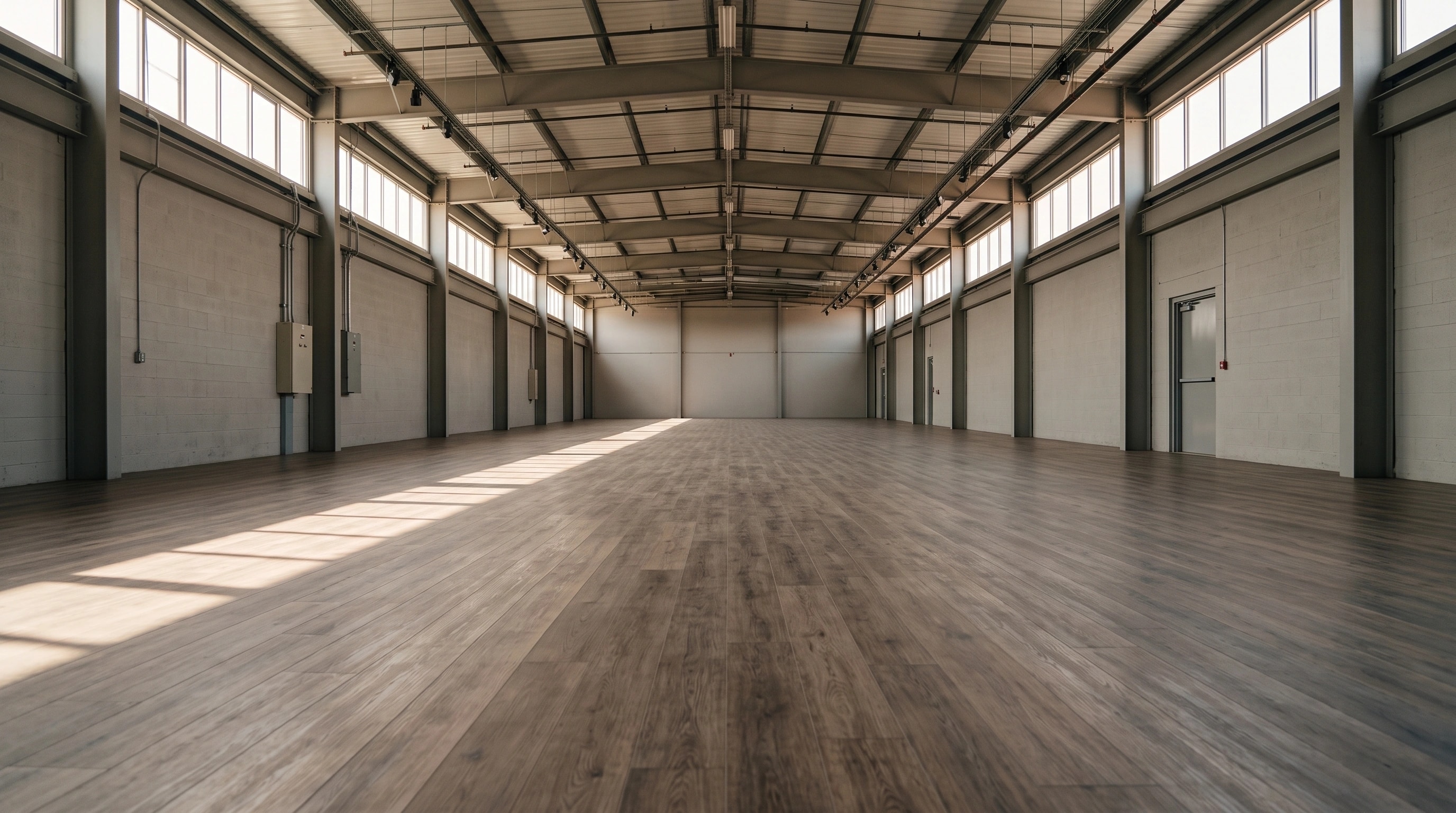 A hard-wearing commercial plank floor across a wide-span facility