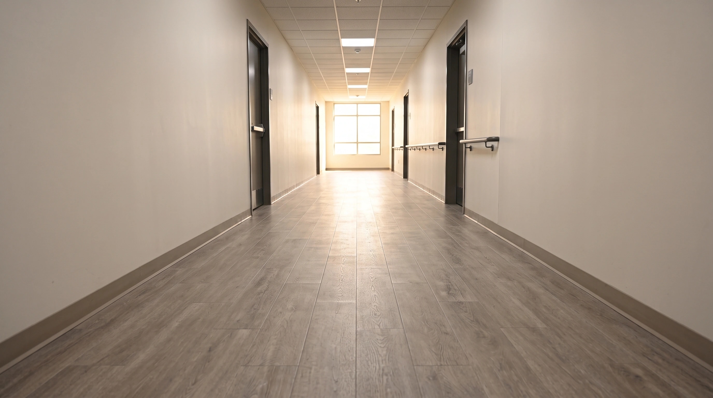 A durable stone-look plank floor in a dignified institutional corridor