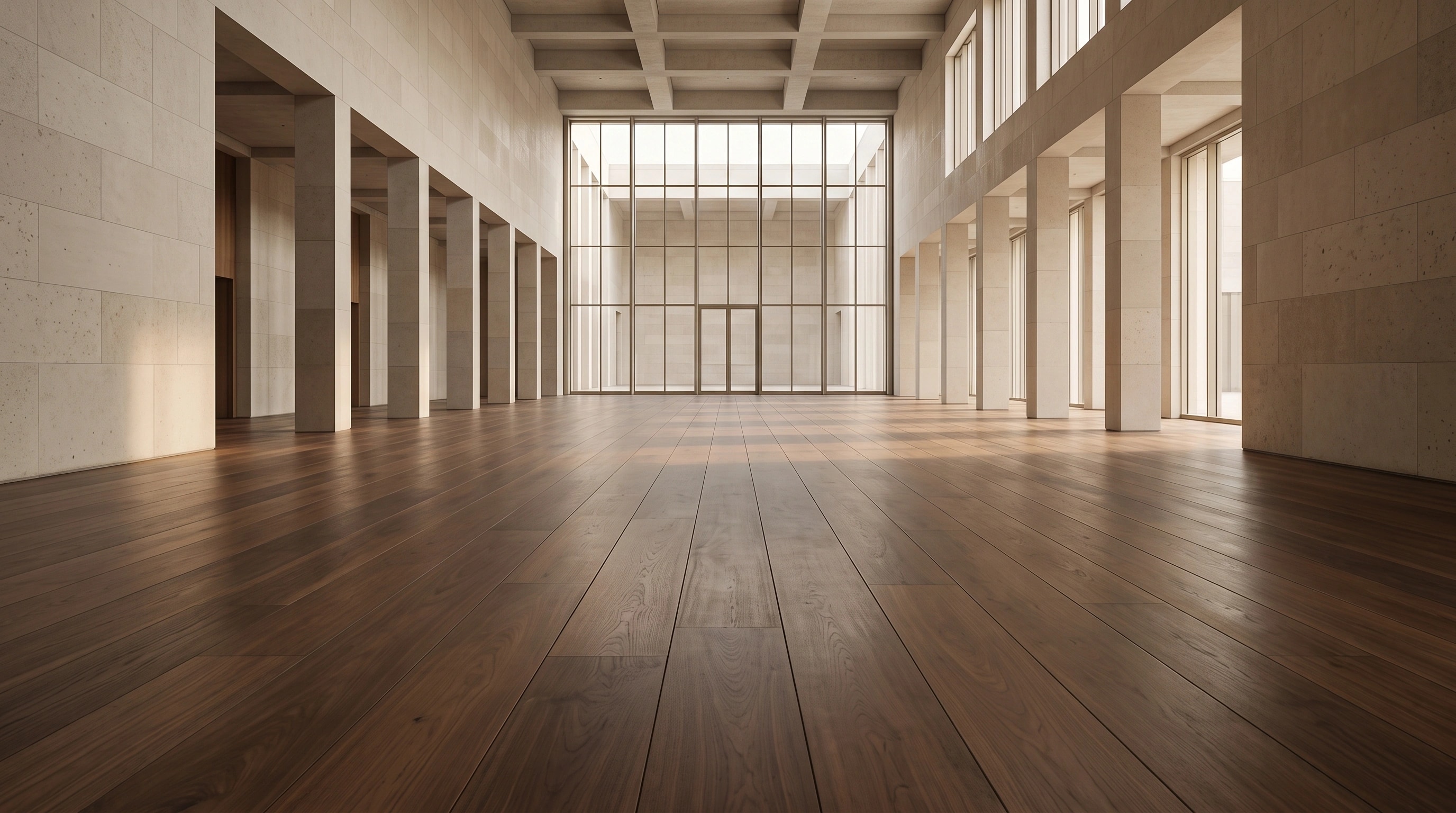 A dignified government lobby in large-format wood plank flooring