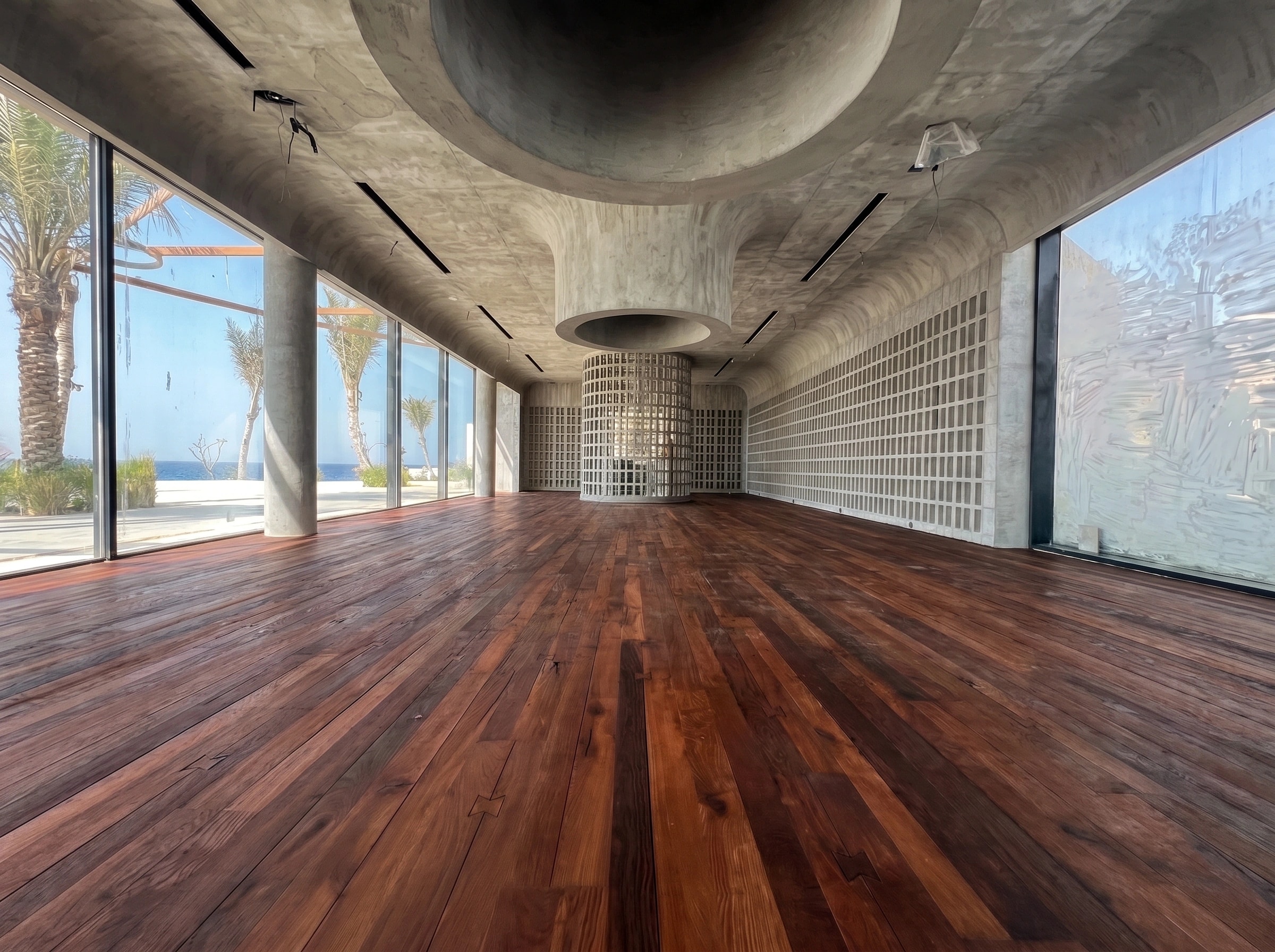Refined wide view of the completed timber floor beneath the sculptural concrete ceiling